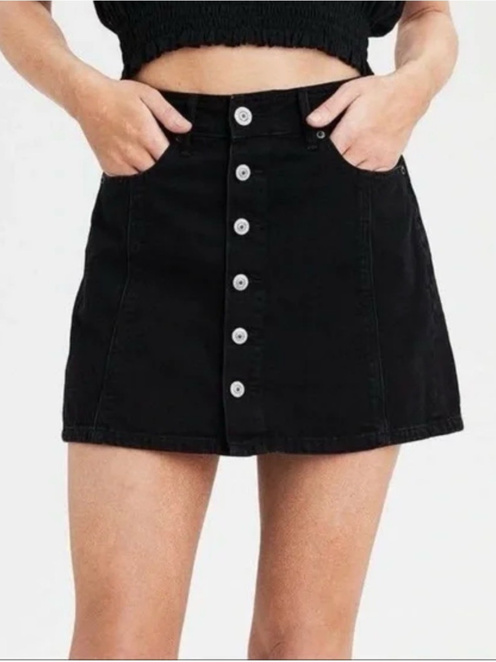 AE Black Button-Front A-Line Mini Skirt